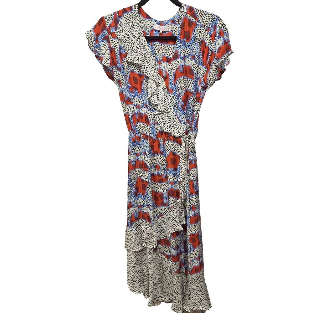 Parker Reina Midi Dress sz Small Animal Cheetah Print Ruffle SS A-Line Faux Wrap